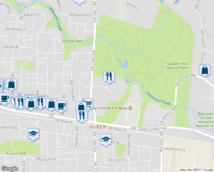 map of restaurants, bars, coffee shops, grocery stores, and more near 3280 Southwest 170th Avenue in Beaverton