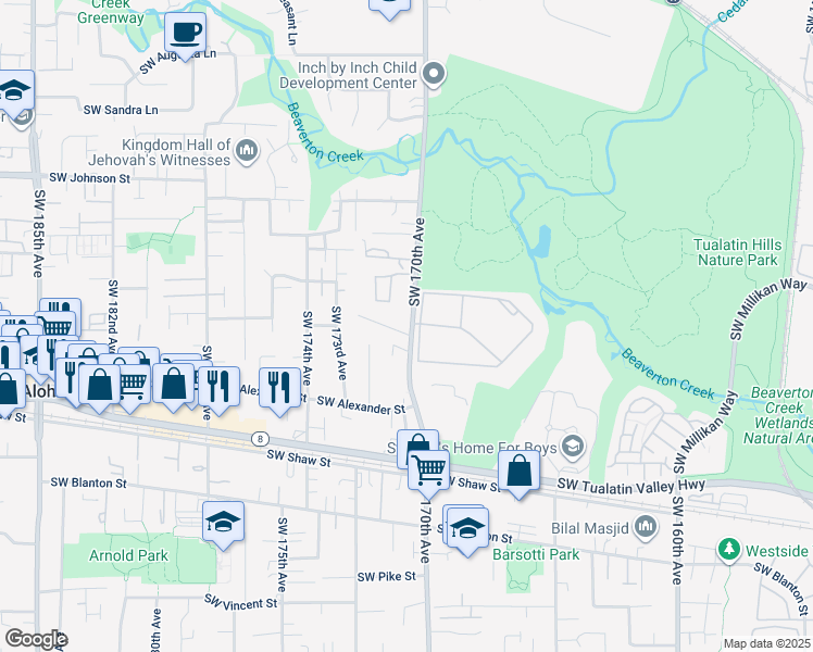 map of restaurants, bars, coffee shops, grocery stores, and more near 3215 Southwest 170th Avenue in Beaverton