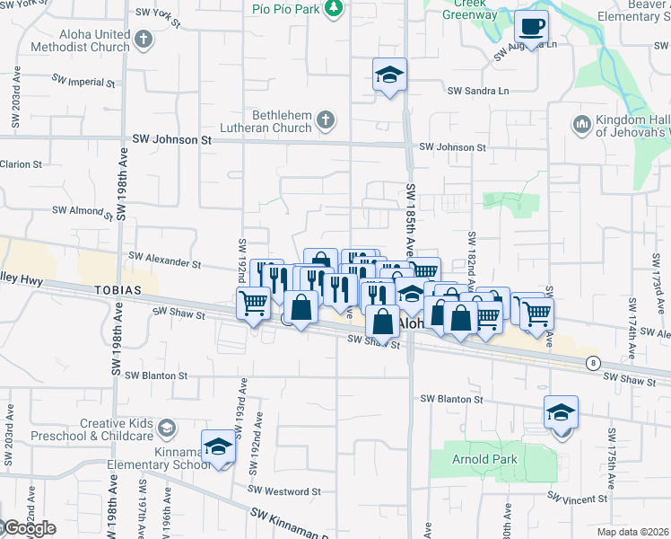 map of restaurants, bars, coffee shops, grocery stores, and more near 3219 Southwest Alicia Place in Beaverton
