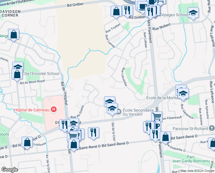 map of restaurants, bars, coffee shops, grocery stores, and more near 36 Rue Monast in Gatineau
