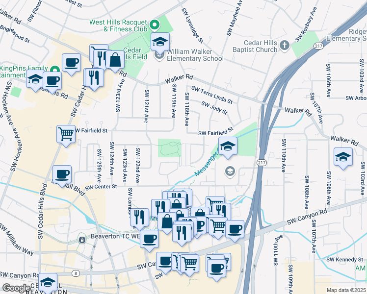map of restaurants, bars, coffee shops, grocery stores, and more near 3270 Southwest Mercer Terrace in Beaverton