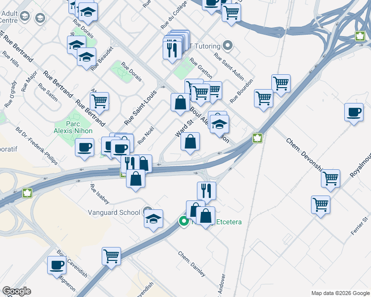 map of restaurants, bars, coffee shops, grocery stores, and more near 2330 Ward Street in Montrã©Al