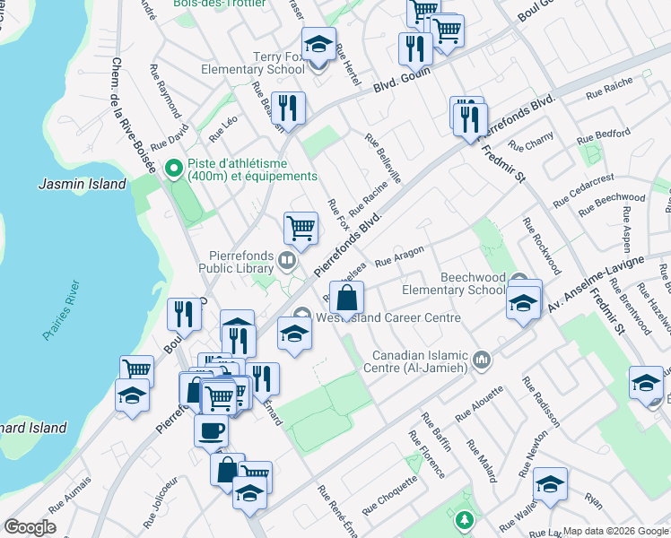 map of restaurants, bars, coffee shops, grocery stores, and more near 13330 Pierrefonds Boulevard in Montreal