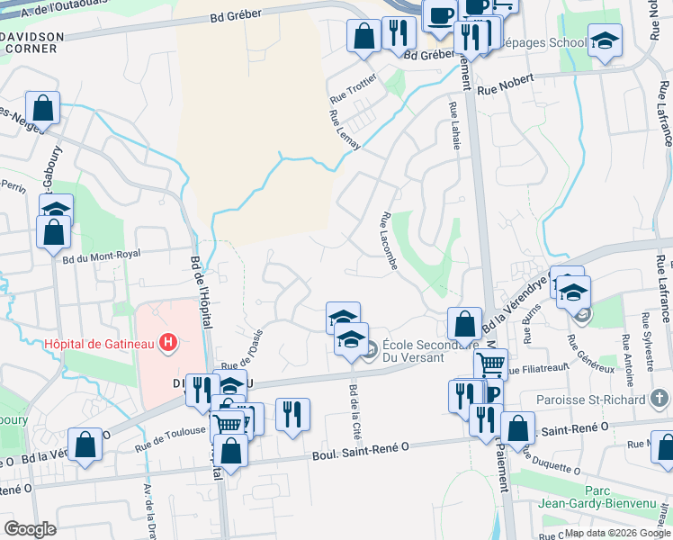 map of restaurants, bars, coffee shops, grocery stores, and more near 36 Rue Monast in Gatineau