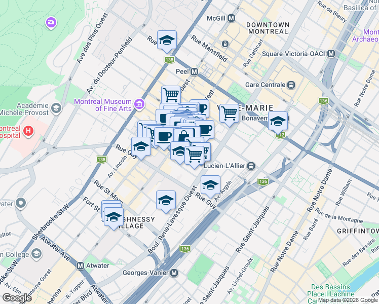 map of restaurants, bars, coffee shops, grocery stores, and more near 1235 Rue Bishop in Montrã©Al