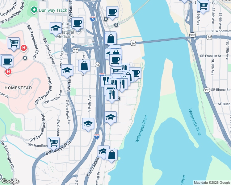 map of restaurants, bars, coffee shops, grocery stores, and more near 650 South Gaines Street in Portland