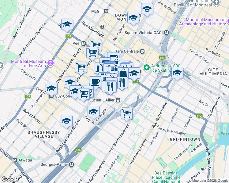 map of restaurants, bars, coffee shops, grocery stores, and more near 1288 Avenue des Canadiens-de-Montréal in Montréal