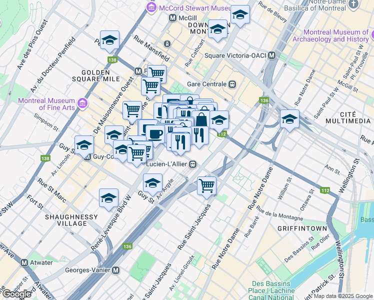 map of restaurants, bars, coffee shops, grocery stores, and more near 3406-1288 Avenue des Canadiens-de-Montréal in Montréal