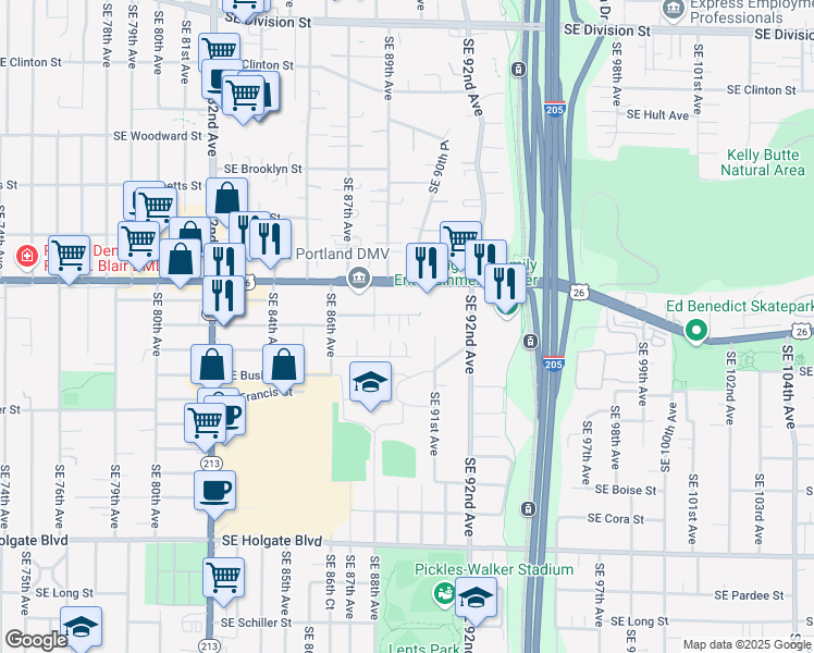 map of restaurants, bars, coffee shops, grocery stores, and more near 8912-8924 Southeast Lafayette Street in Portland