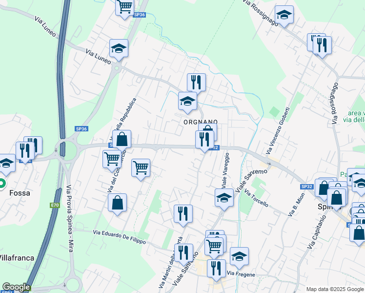 map of restaurants, bars, coffee shops, grocery stores, and more near 256 Via Roma in Spinea