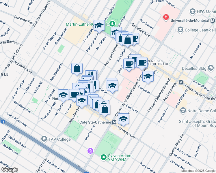 map of restaurants, bars, coffee shops, grocery stores, and more near 4445 Rue de la Peltrie in Montréal