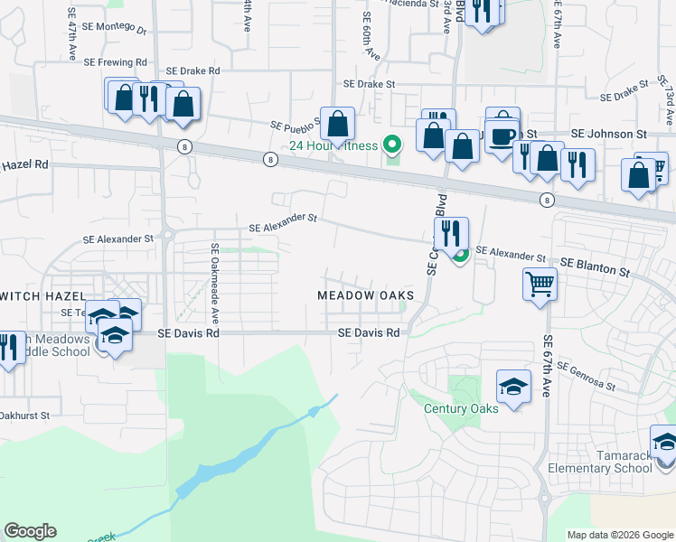 map of restaurants, bars, coffee shops, grocery stores, and more near 3355 Southeast Silver Fox Way in Hillsboro
