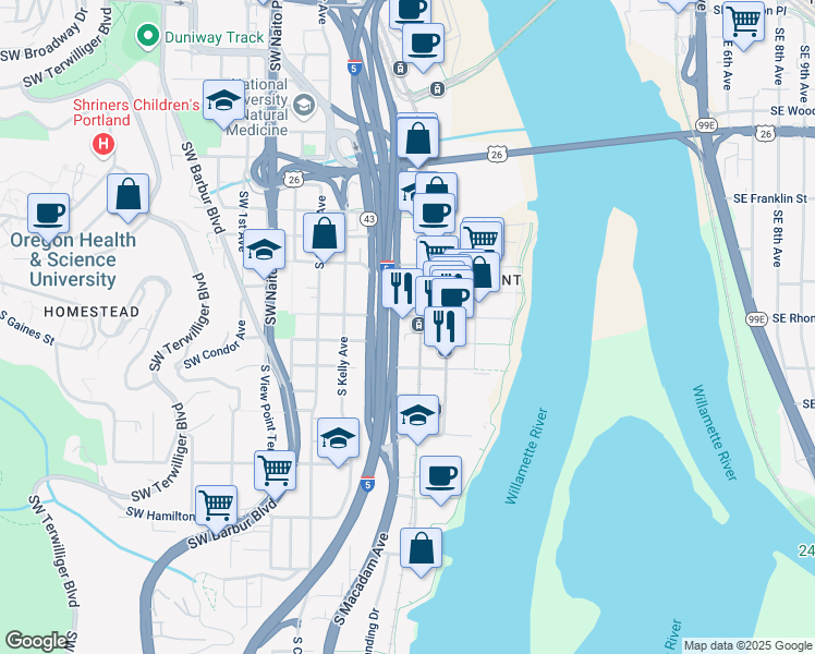 map of restaurants, bars, coffee shops, grocery stores, and more near 3714 South Macadam Avenue in Portland