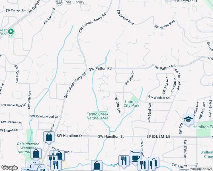 map of restaurants, bars, coffee shops, grocery stores, and more near 5746 Southwest Gaines Court in Portland