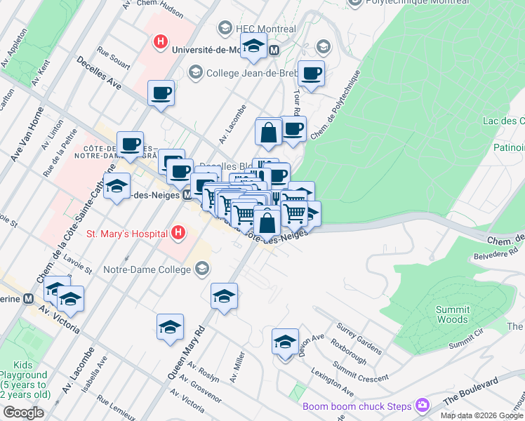 map of restaurants, bars, coffee shops, grocery stores, and more near 3355 Chemin Queen Mary in Montréal