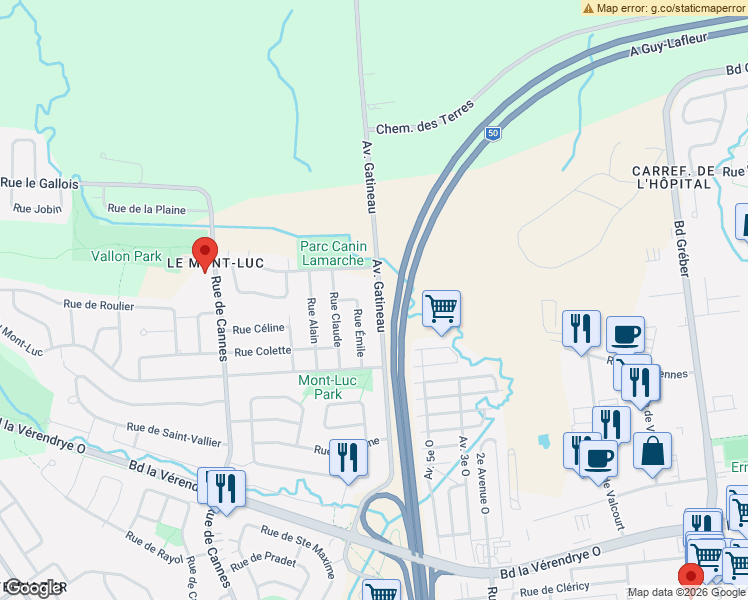 map of restaurants, bars, coffee shops, grocery stores, and more near 403 Avenue Gatineau in Gatineau