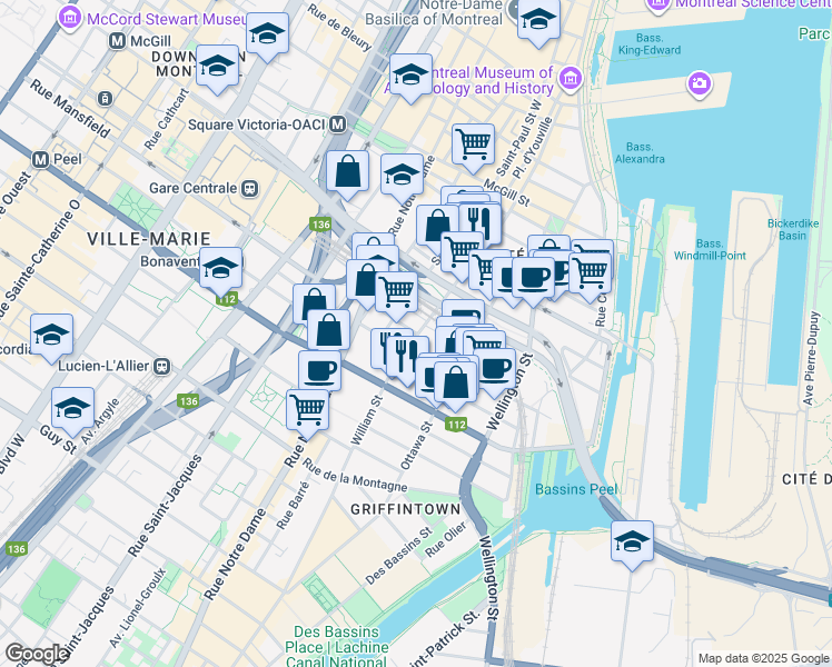 map of restaurants, bars, coffee shops, grocery stores, and more near 350 Rue de l'Inspecteur in Montreal