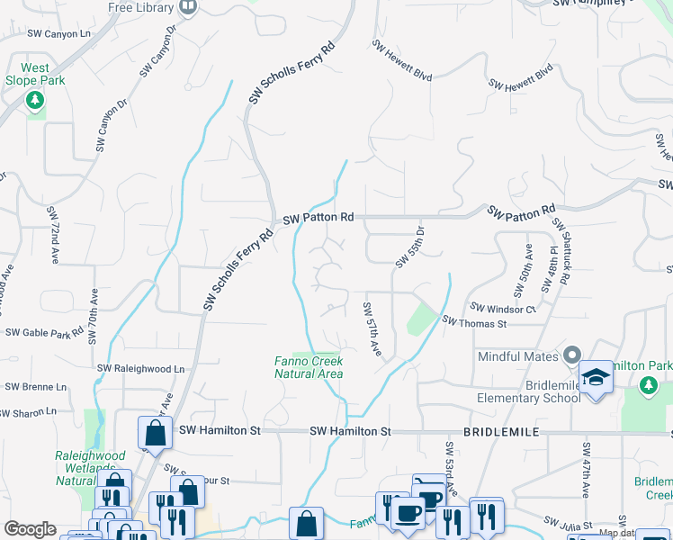 map of restaurants, bars, coffee shops, grocery stores, and more near 5746 Southwest Gaines Court in Portland