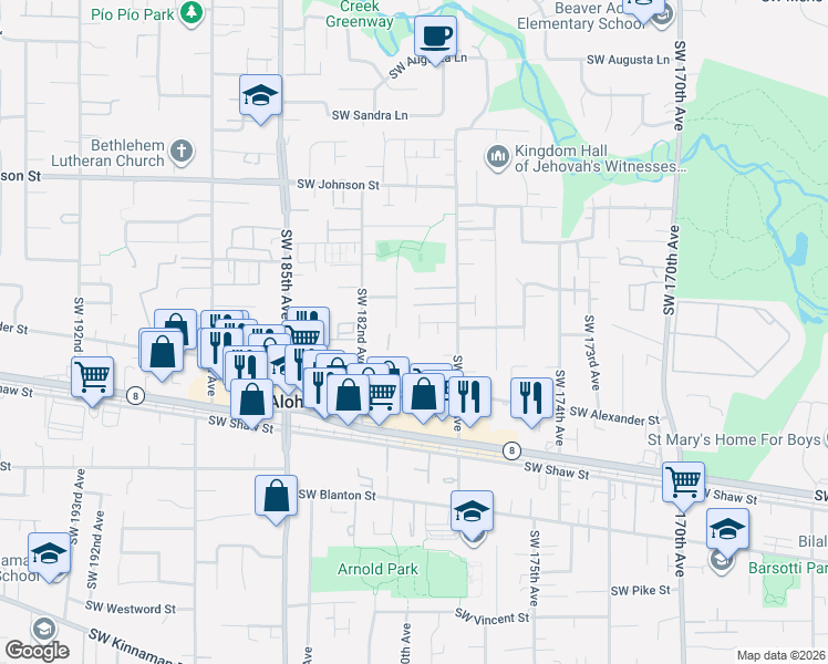 map of restaurants, bars, coffee shops, grocery stores, and more near 3273 Southwest 179th Terrace in Beaverton