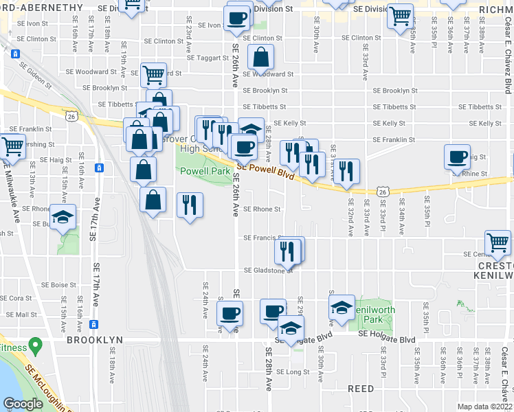 map of restaurants, bars, coffee shops, grocery stores, and more near 3622 Southeast 27th Avenue in Portland
