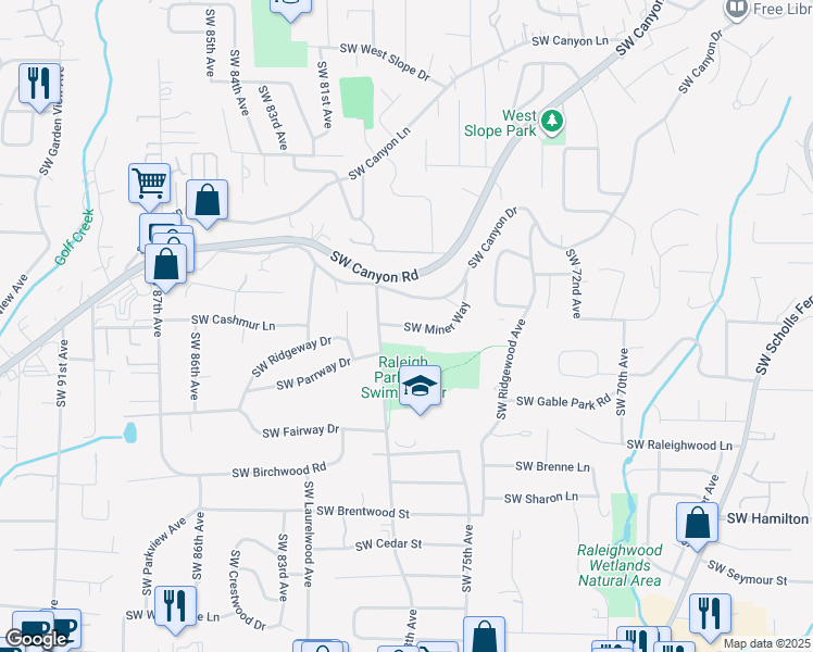 map of restaurants, bars, coffee shops, grocery stores, and more near 7755 SW Miner Way in Portland