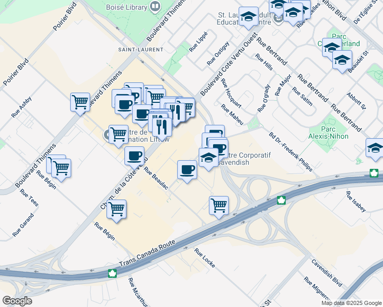 map of restaurants, bars, coffee shops, grocery stores, and more near 1111 Boulevard Dr.-Frederik-Philips in Montreal