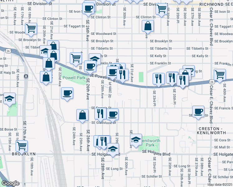 map of restaurants, bars, coffee shops, grocery stores, and more near 3610 Southeast 29th Avenue in Portland