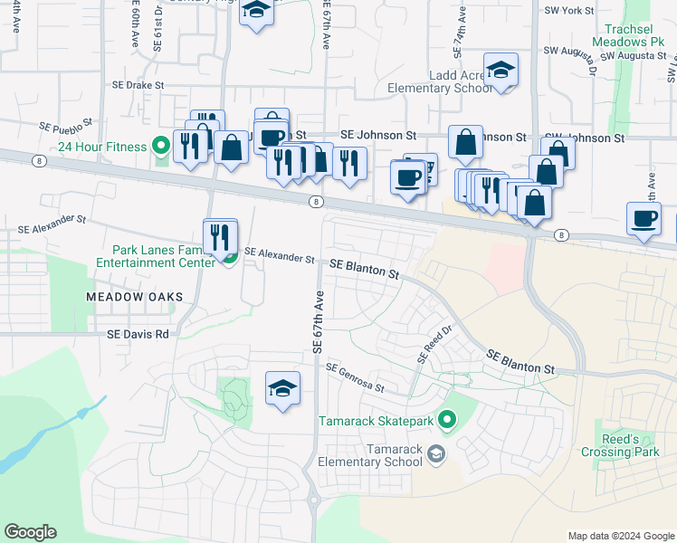 map of restaurants, bars, coffee shops, grocery stores, and more near 6802 Southeast Blanton Street in Hillsboro