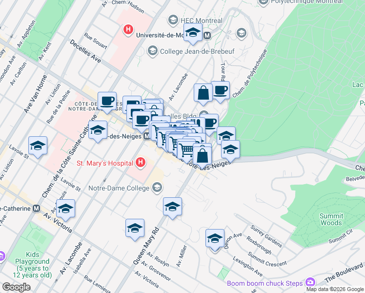 map of restaurants, bars, coffee shops, grocery stores, and more near 5200 Avenue Gatineau in Montréal