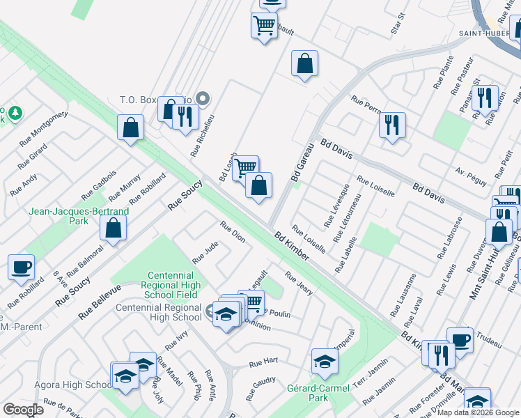 map of restaurants, bars, coffee shops, grocery stores, and more near 4800 Boulevard Kimber in Longueuil