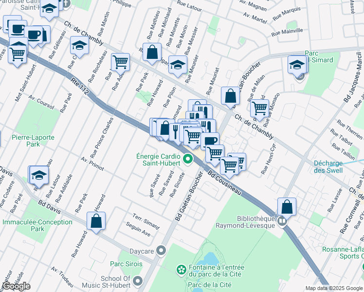 map of restaurants, bars, coffee shops, grocery stores, and more near 5950 Boulevard Cousineau in Longueuil