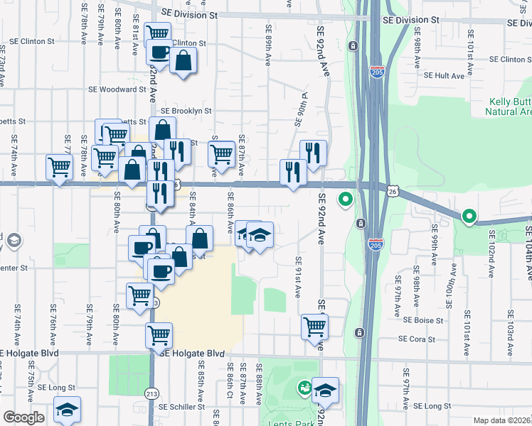 map of restaurants, bars, coffee shops, grocery stores, and more near 8728 Southeast Lafayette Street in Portland