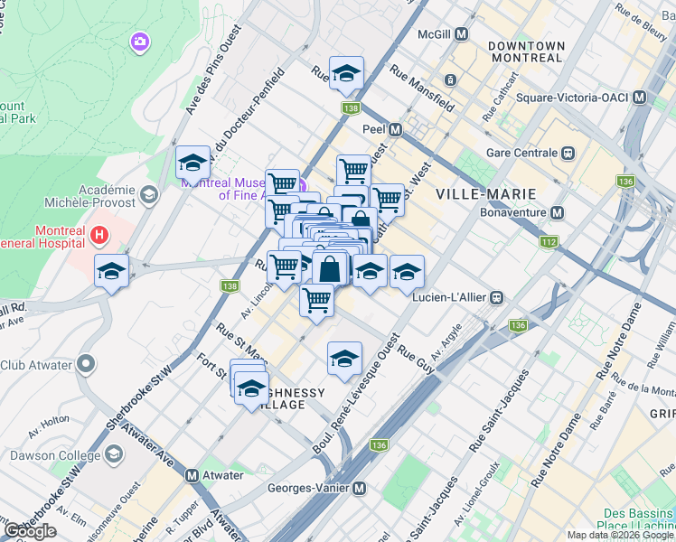 map of restaurants, bars, coffee shops, grocery stores, and more near 1411 Rue Mackay in Montréal