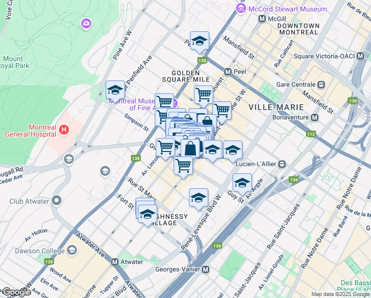 map of restaurants, bars, coffee shops, grocery stores, and more near 1426 Rue Bishop in Montréal