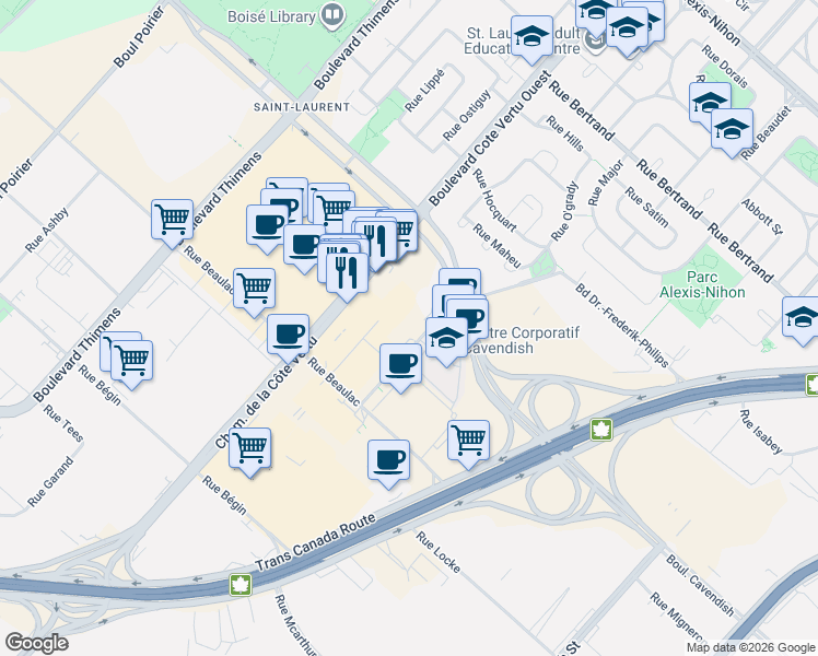 map of restaurants, bars, coffee shops, grocery stores, and more near 1111 Boulevard Dr.-Frederik-Philips in Montréal