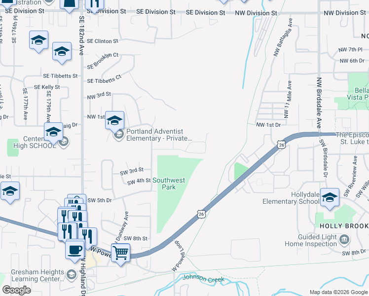 map of restaurants, bars, coffee shops, grocery stores, and more near 184 Southwest Sandlewood Loop in Gresham