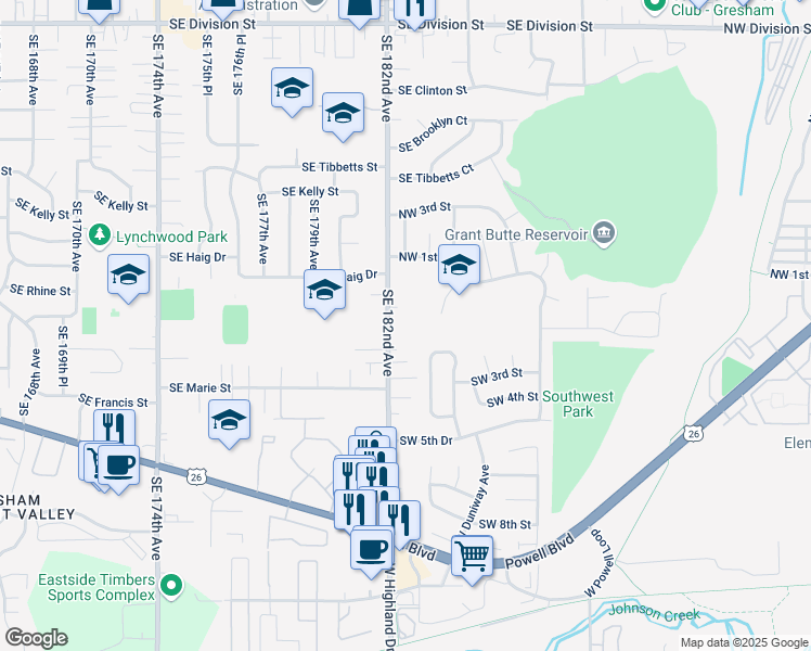 map of restaurants, bars, coffee shops, grocery stores, and more near 3600 Southeast 182nd Avenue in Gresham