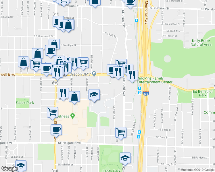 map of restaurants, bars, coffee shops, grocery stores, and more near 8920 Southeast Lafayette Street in Portland
