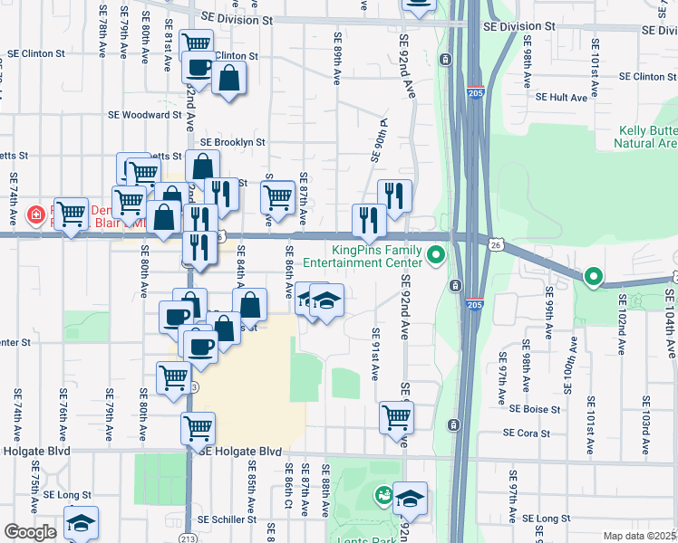 map of restaurants, bars, coffee shops, grocery stores, and more near 8920 Southeast Lafayette Street in Portland