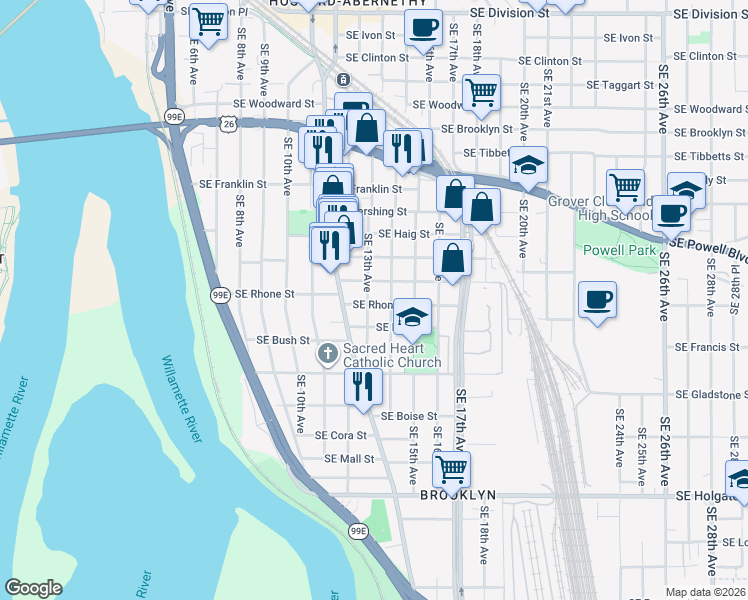 map of restaurants, bars, coffee shops, grocery stores, and more near 3614 Southeast 13th Avenue in Portland
