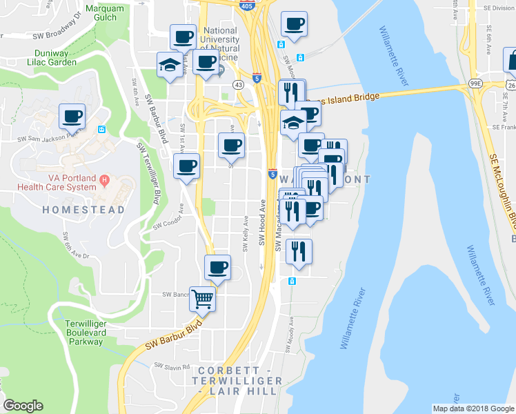 map of restaurants, bars, coffee shops, grocery stores, and more near 312 South Gaines Street in Portland