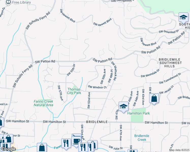 map of restaurants, bars, coffee shops, grocery stores, and more near 3809 Southwest 52nd Place in Portland