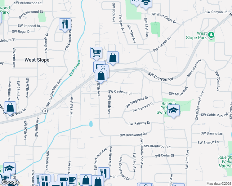 map of restaurants, bars, coffee shops, grocery stores, and more near 8505 Southwest Cashmur Lane in Portland