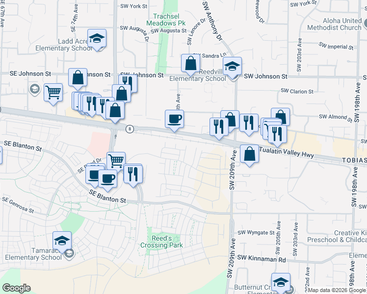 map of restaurants, bars, coffee shops, grocery stores, and more near in Hillsboro