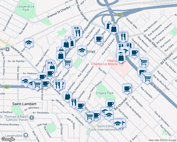 map of restaurants, bars, coffee shops, grocery stores, and more near 130 Rue King Edward in Longueuil