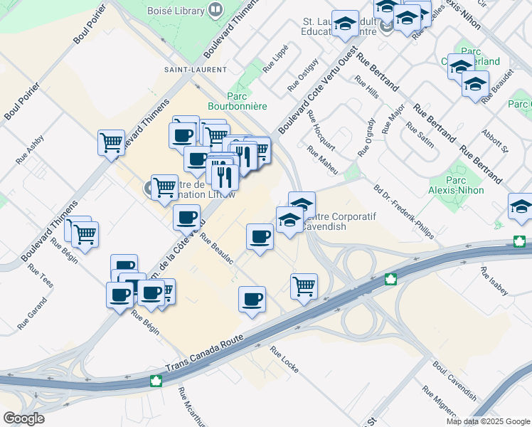 map of restaurants, bars, coffee shops, grocery stores, and more near in Montreal