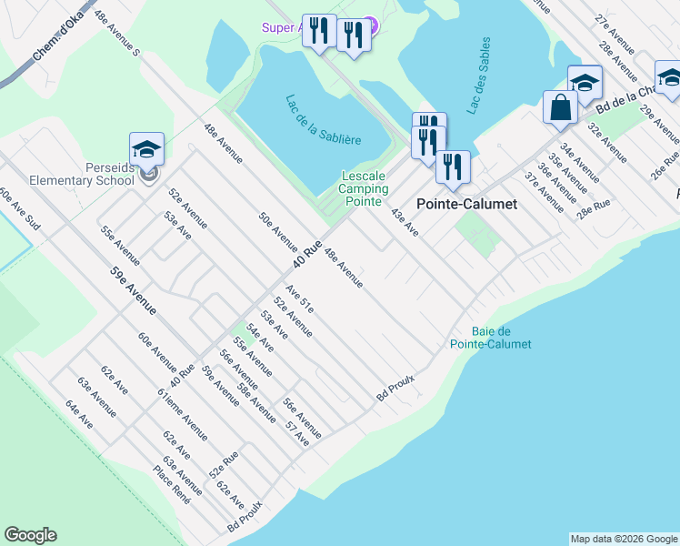map of restaurants, bars, coffee shops, grocery stores, and more near 327 48e Avenue in Pointe-Calumet