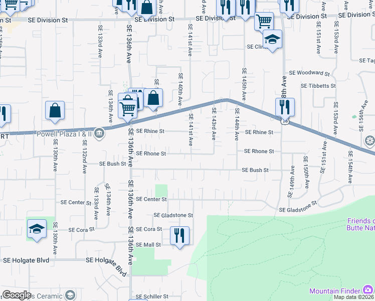 map of restaurants, bars, coffee shops, grocery stores, and more near 3605 Southeast 141st Avenue in Portland