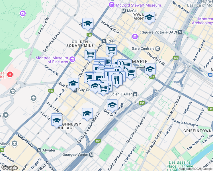 map of restaurants, bars, coffee shops, grocery stores, and more near 1182 Rue Crescent in Montrã©Al