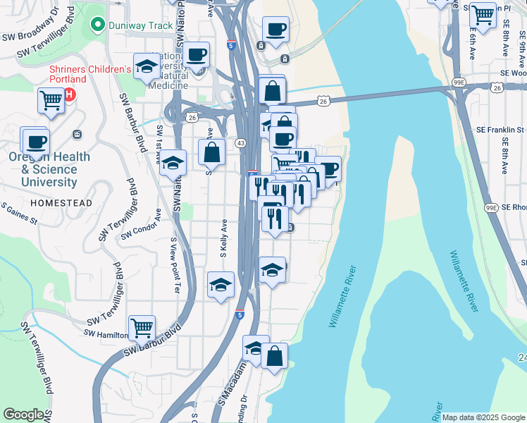 map of restaurants, bars, coffee shops, grocery stores, and more near 3714 South Macadam Avenue in Portland